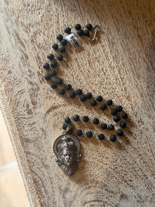 Black Tulasi Necklace with Narasimha Dev Silver Pendant