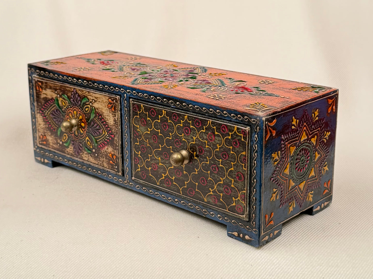 Hand-Painted Wooden Box with 2 Drawers