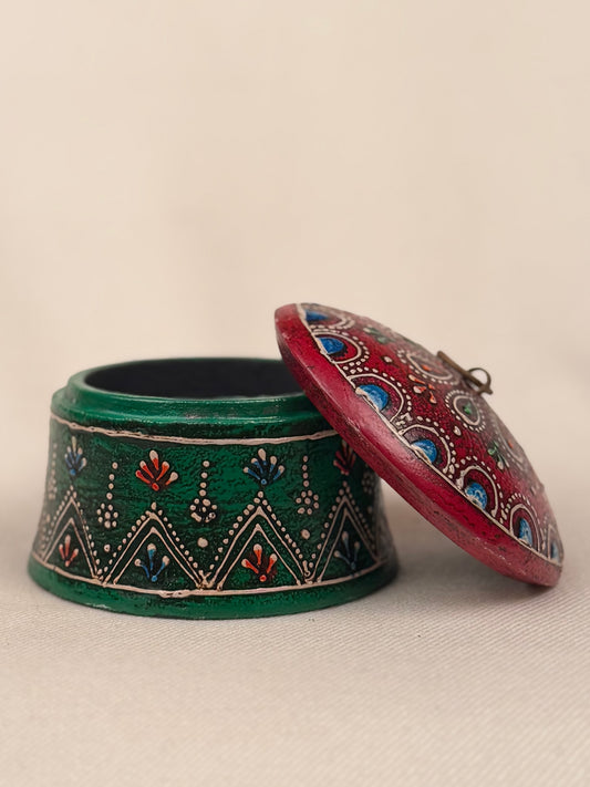 Hand-Painted Round Wooden Box with Lid