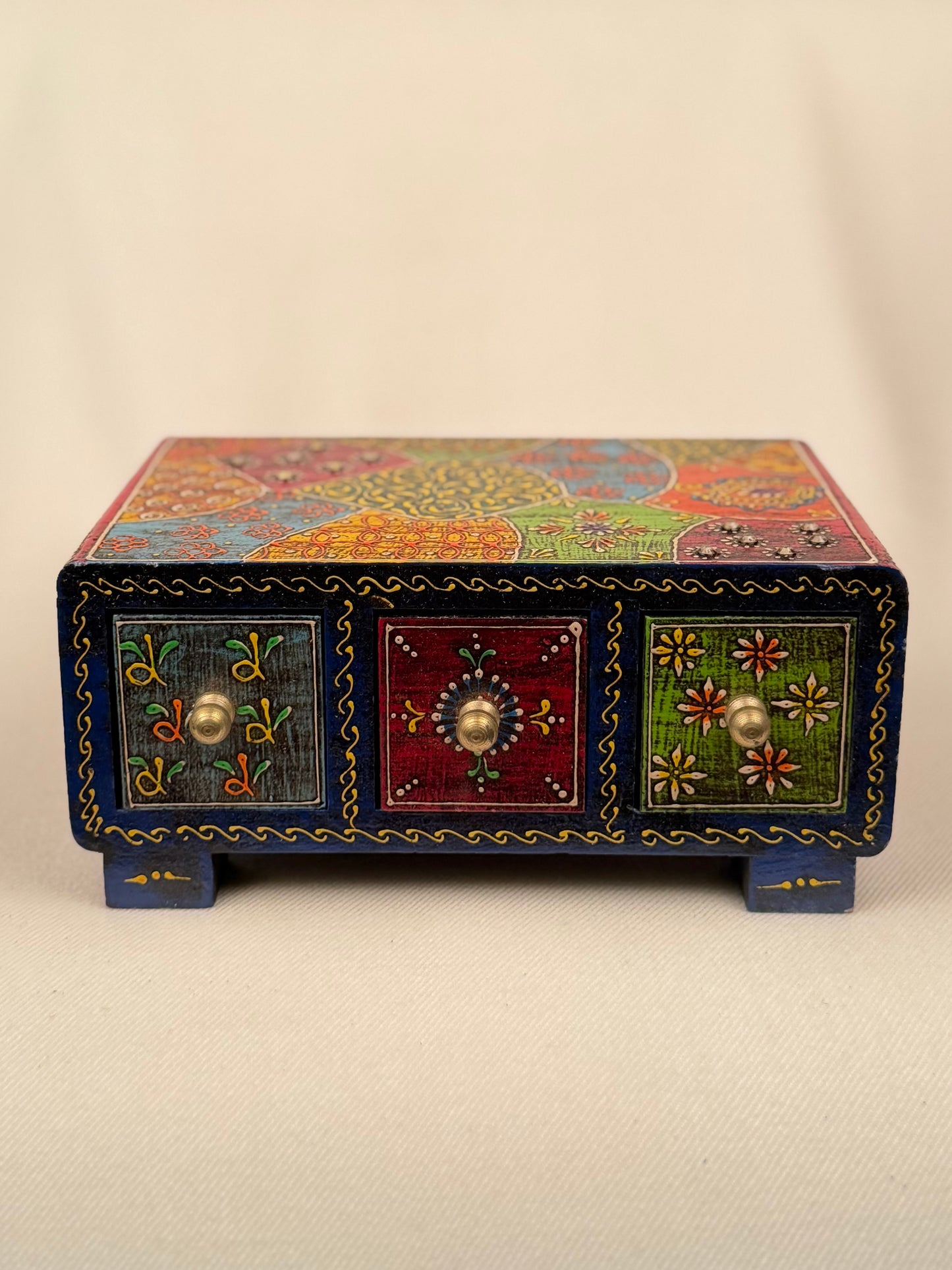 Hand-Painted Wooden Box with 3 Drawers