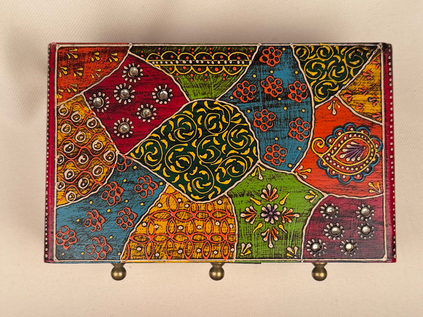 Hand-Painted Wooden Box with 3 Drawers