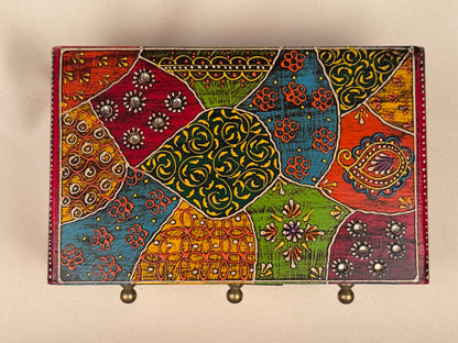 Hand-Painted Wooden Box with 3 Drawers