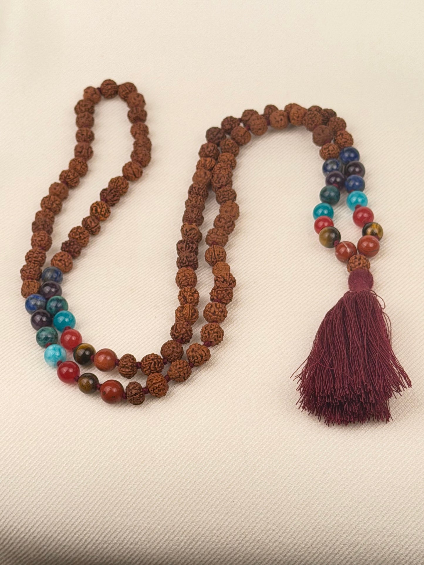 Rudraksha and Gemstone Chakra Mala — 108 Beads