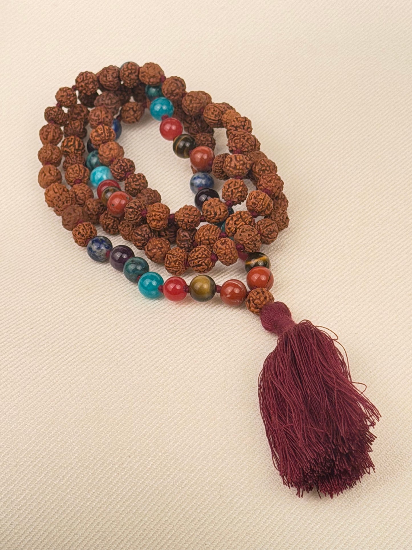 Rudraksha and Gemstone Chakra Mala — 108 Beads