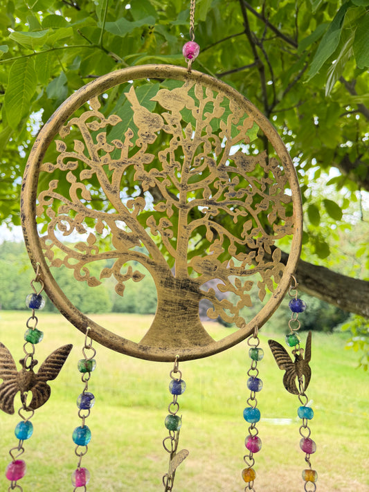 Metal Tree Hanging with Butterflies and Beads