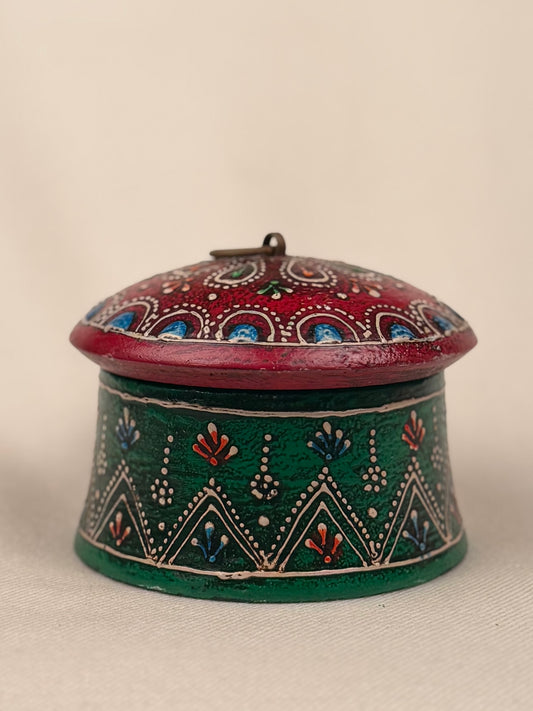 Hand-Painted Round Wooden Box with Lid