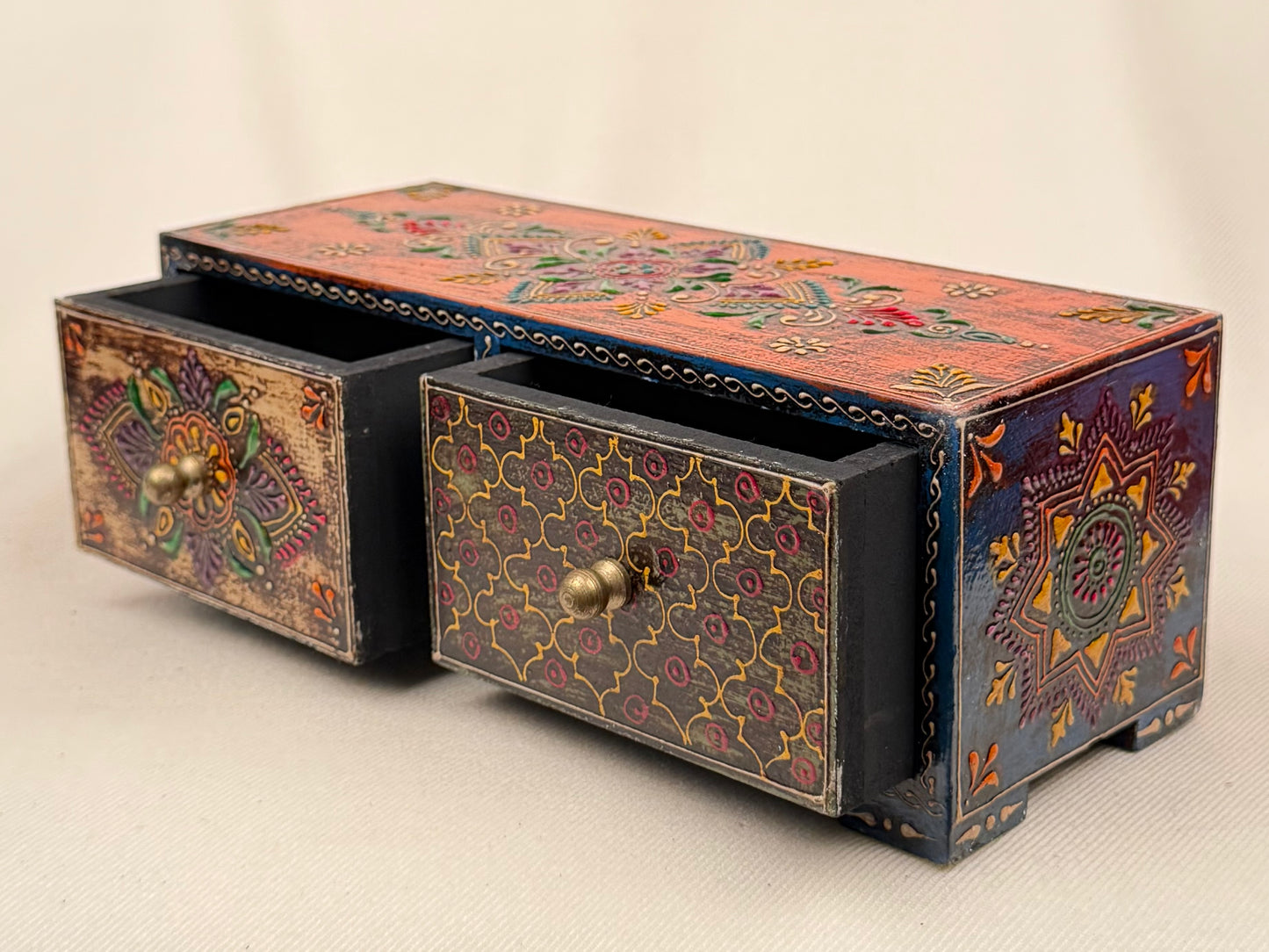 Hand-Painted Wooden Box with 2 Drawers