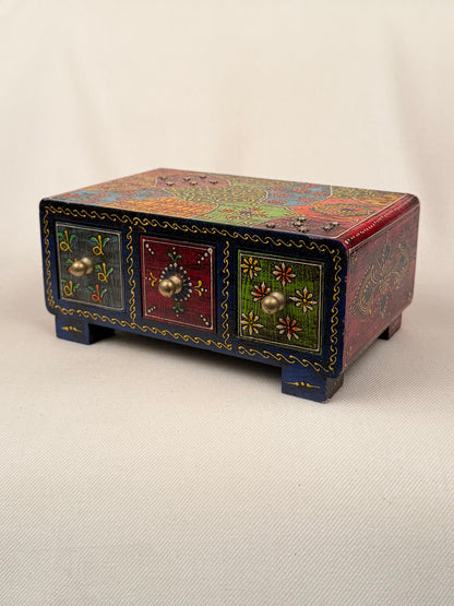 Hand-Painted Wooden Box with 3 Drawers