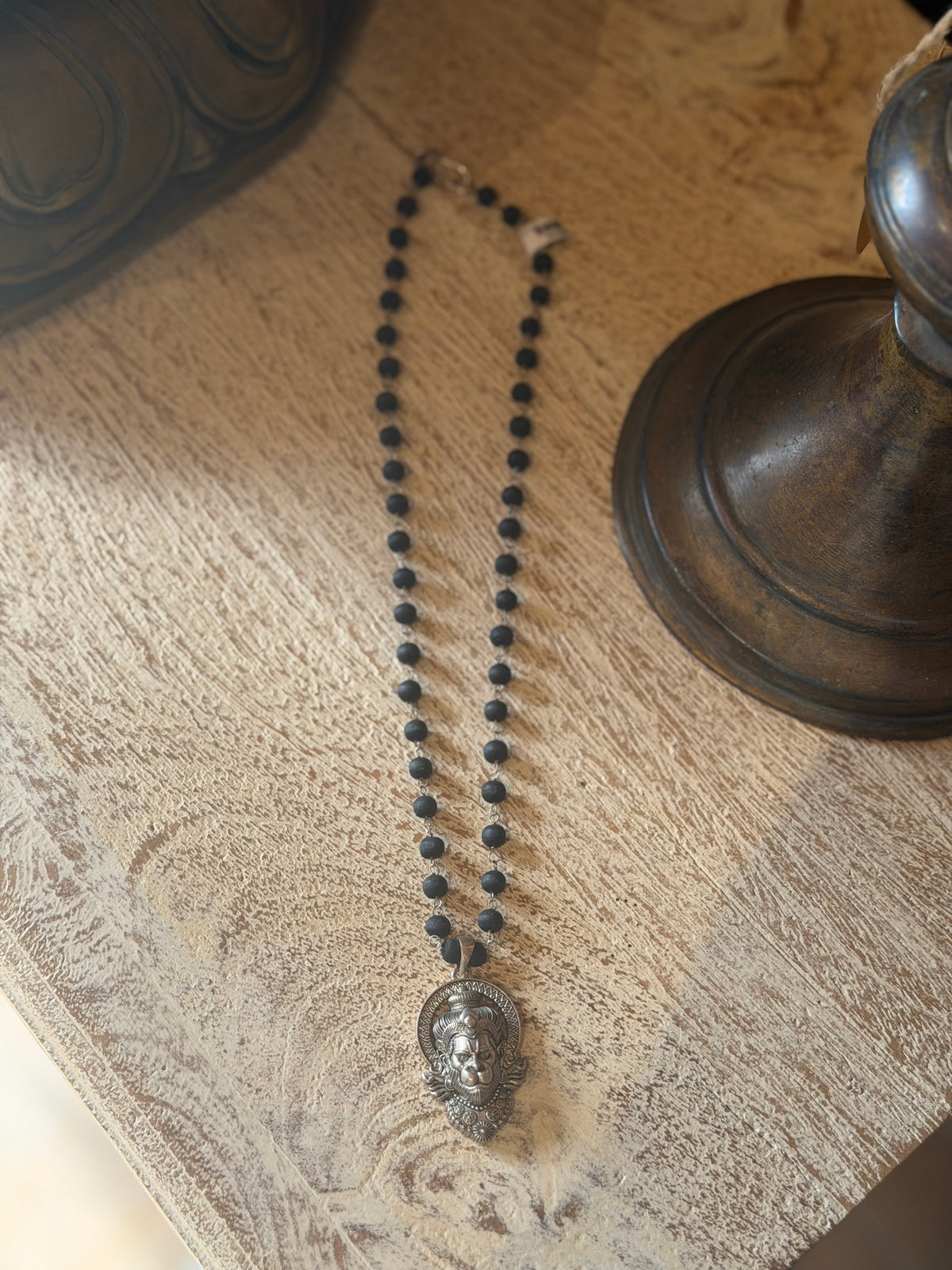 Black Tulasi Necklace with Narasimha Dev Silver Pendant