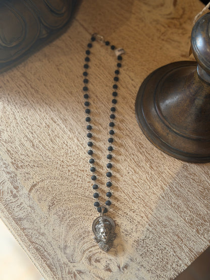 Black Tulasi Necklace with Narasimha Dev Silver Pendant