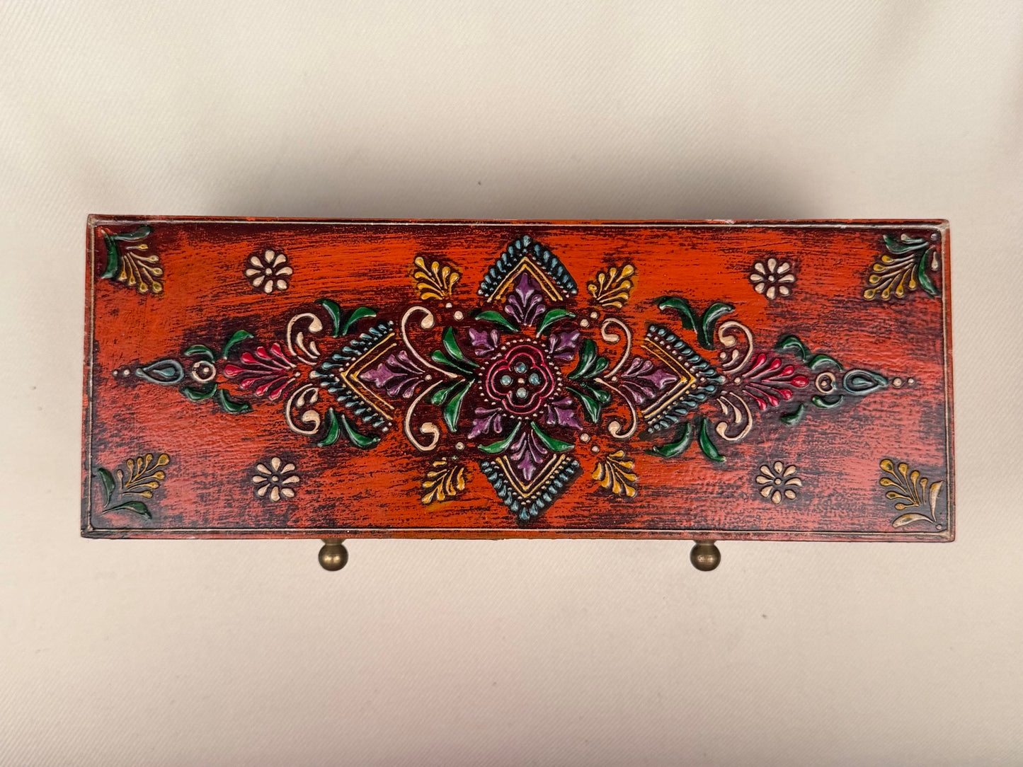 Hand-Painted Wooden Box with 2 Drawers