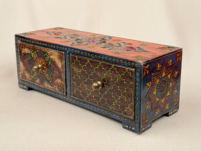 Hand-Painted Wooden Box with 2 Drawers