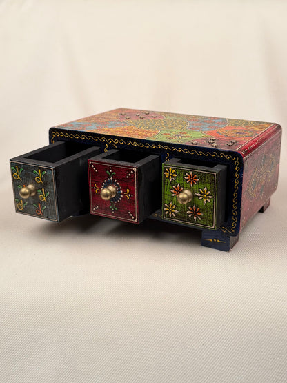 Hand-Painted Wooden Box with 3 Drawers