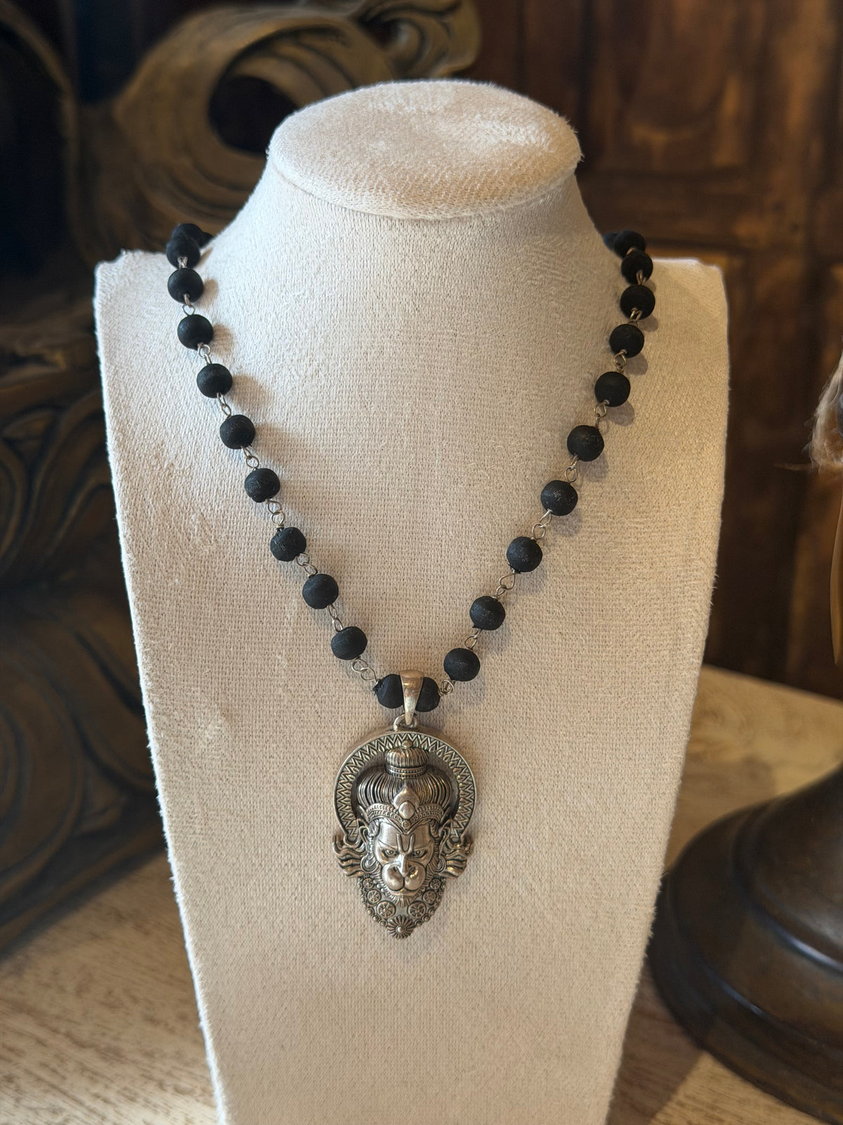 Black Tulasi Necklace with Narasimha Dev Silver Pendant