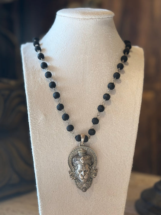 Black Tulasi Necklace with Narasimha Dev Silver Pendant