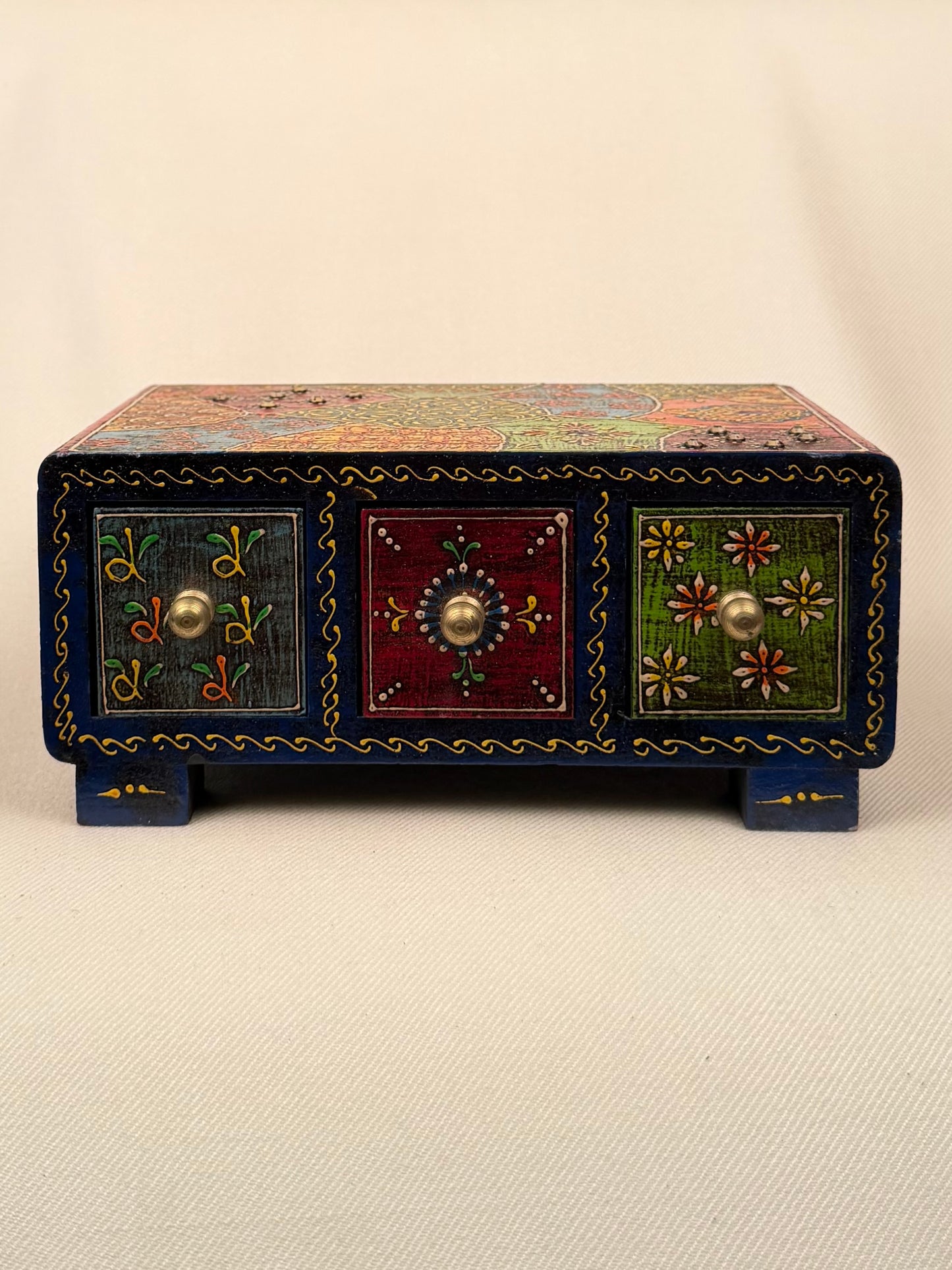 Hand-Painted Wooden Box with 3 Drawers