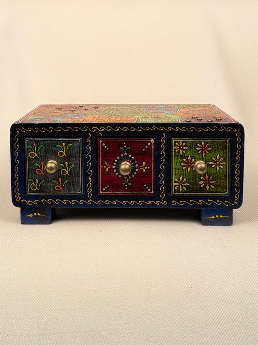 Hand-Painted Wooden Box with 3 Drawers
