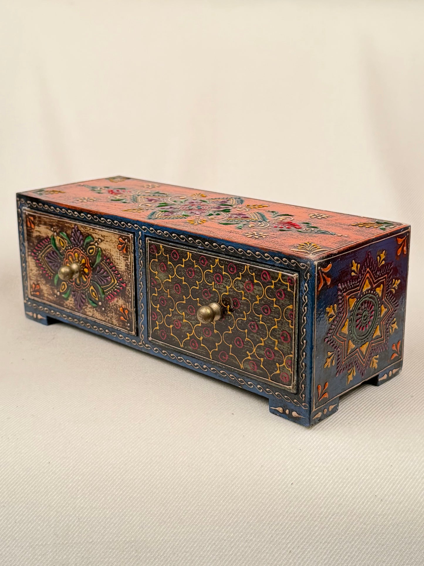 Hand-Painted Wooden Box with 2 Drawers