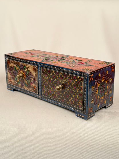 Hand-Painted Wooden Box with 2 Drawers