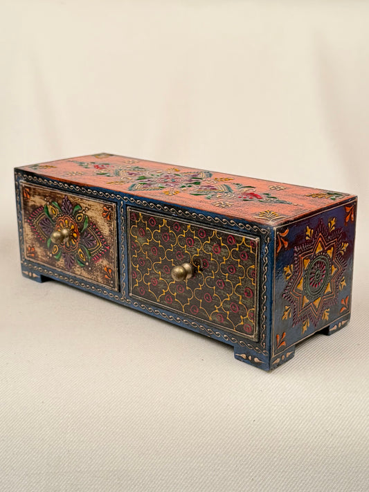 Hand-Painted Wooden Box with 2 Drawers