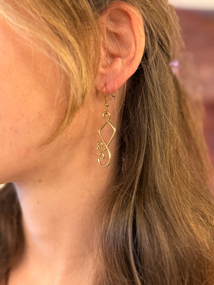 Hook Spiral and Square Wirework Earrings (Gold-Colored)